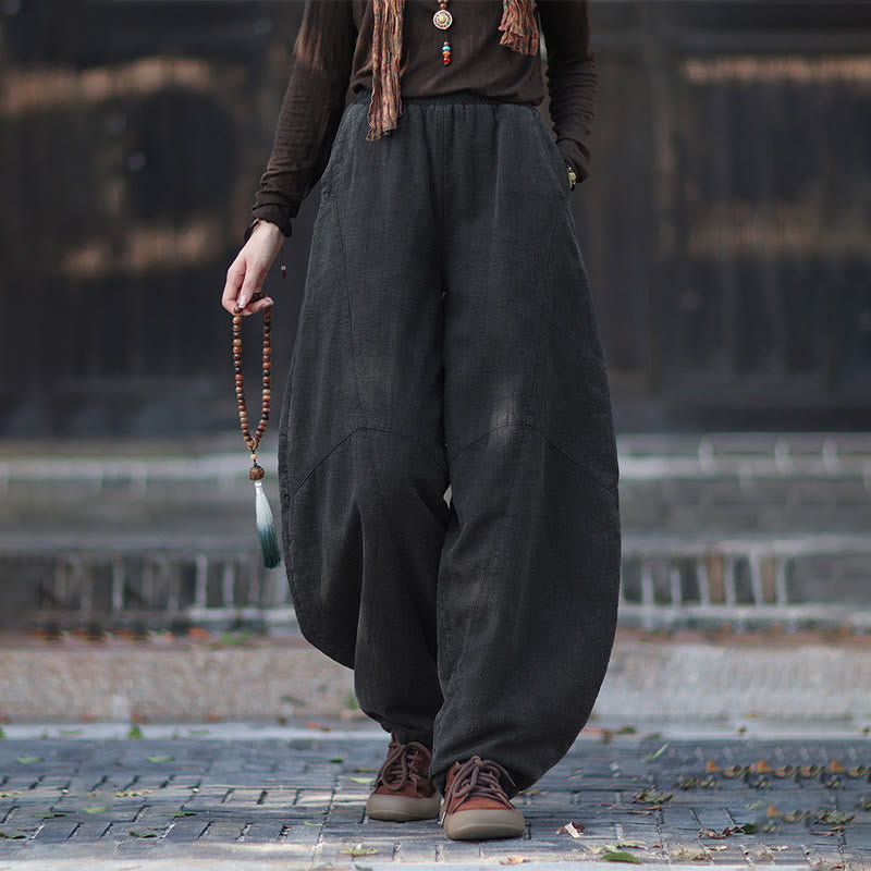 Winter Elastic Waist Ramie Cotton Thermal Women's Pants With Pockets