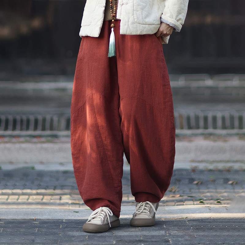 Winter Elastic Waist Ramie Cotton Thermal Women's Pants With Pockets