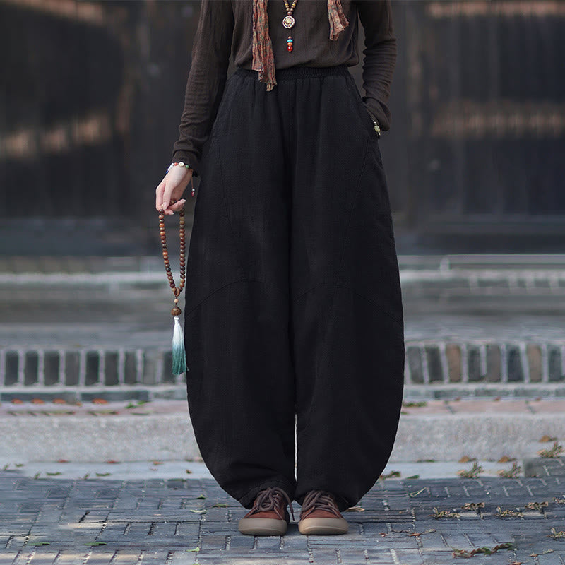 Winter Elastic Waist Ramie Cotton Thermal Women's Pants With Pockets