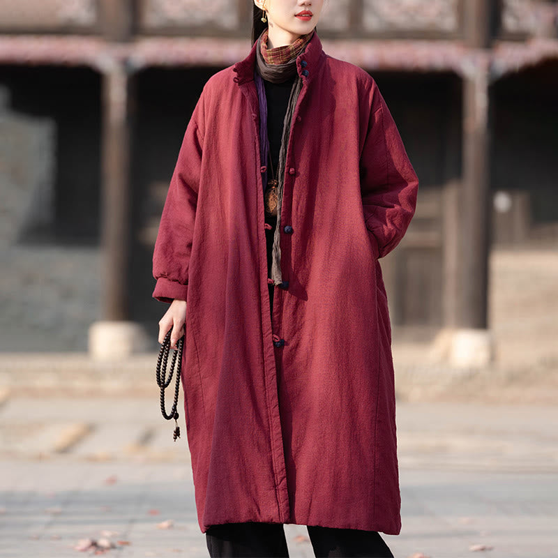 Ramie Cotton Stand Collar Frog-Button Winter Meditation Coat