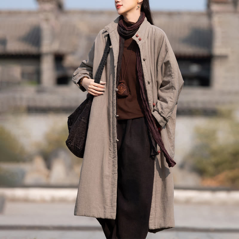 Ramie Cotton Stand Collar Frog-Button Winter Meditation Coat