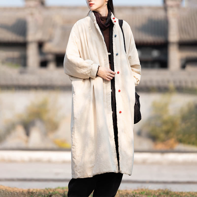 Ramie Cotton Stand Collar Frog-Button Winter Meditation Coat