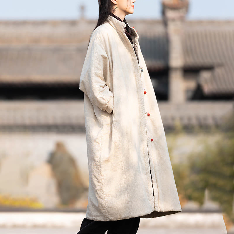 Ramie Cotton Stand Collar Frog-Button Winter Meditation Coat