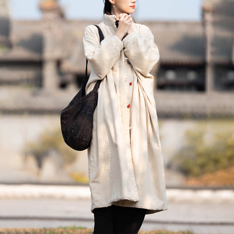 Ramie Cotton Stand Collar Frog-Button Winter Meditation Coat