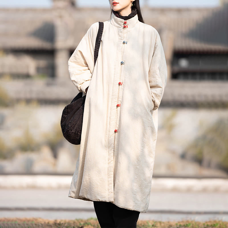 Ramie Cotton Stand Collar Frog-Button Winter Meditation Coat