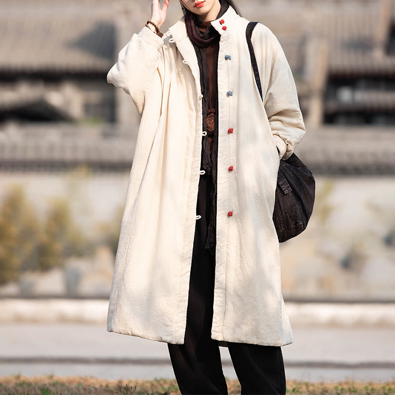 Ramie Cotton Stand Collar Frog-Button Winter Meditation Coat