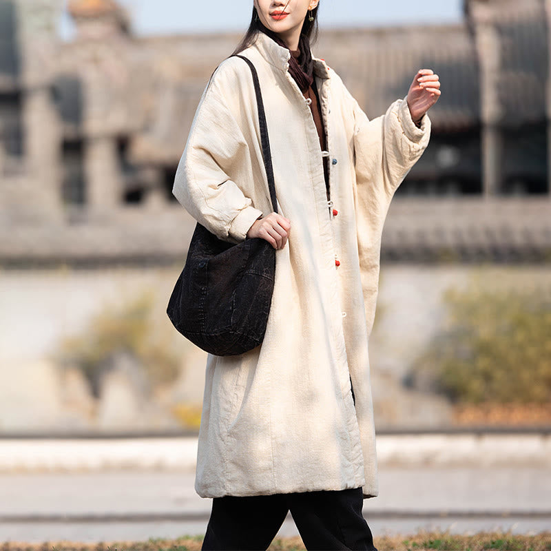 Ramie Cotton Stand Collar Frog-Button Winter Meditation Coat