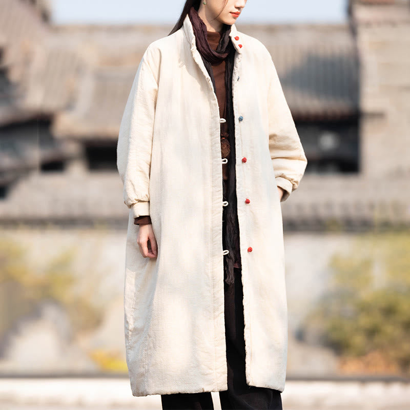 Winter Solid Frog-Button Ramie Cotton Women's Long Sleeve Thermal Coat With Pockets