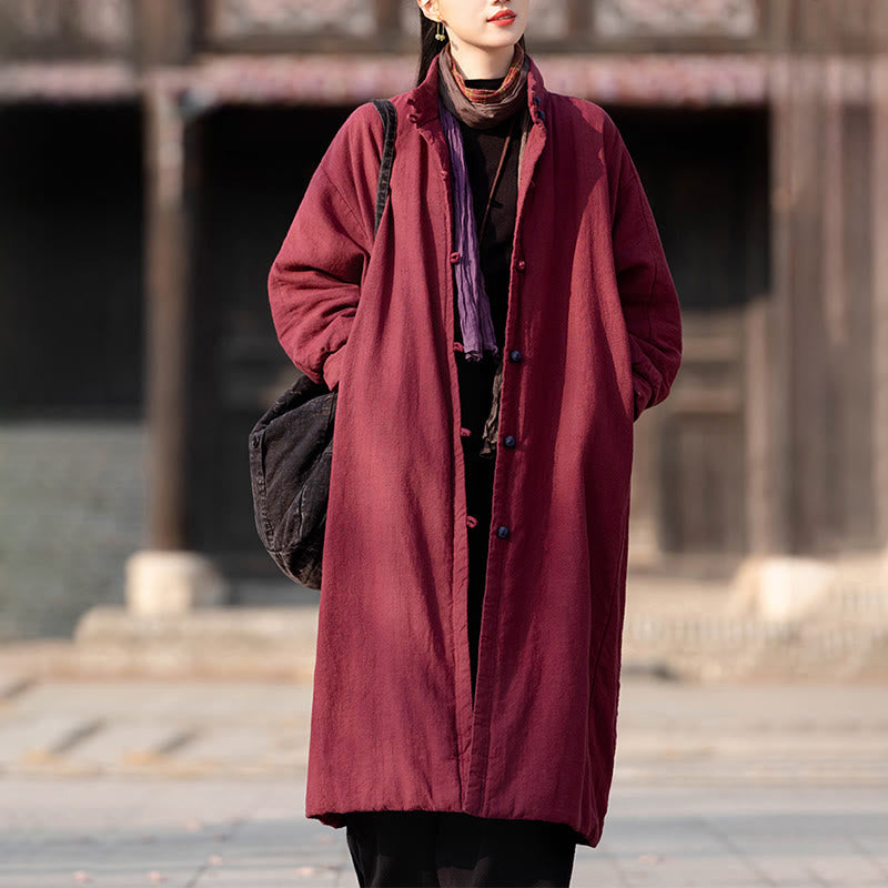 Ramie Cotton Stand Collar Frog-Button Winter Meditation Coat