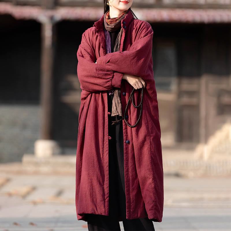 Ramie Cotton Stand Collar Frog-Button Winter Meditation Coat