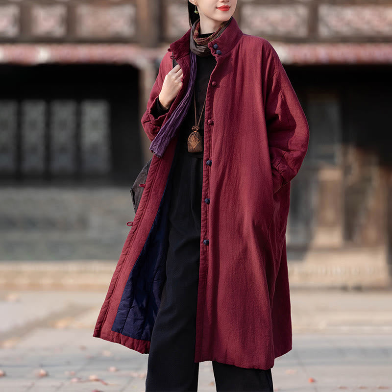 Ramie Cotton Stand Collar Frog-Button Winter Meditation Coat