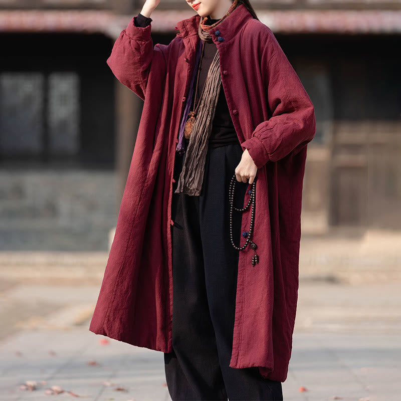 Ramie Cotton Stand Collar Frog-Button Winter Meditation Coat