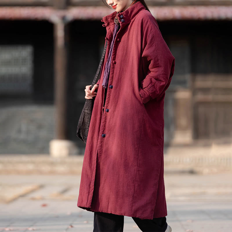 Ramie Cotton Stand Collar Frog-Button Winter Meditation Coat