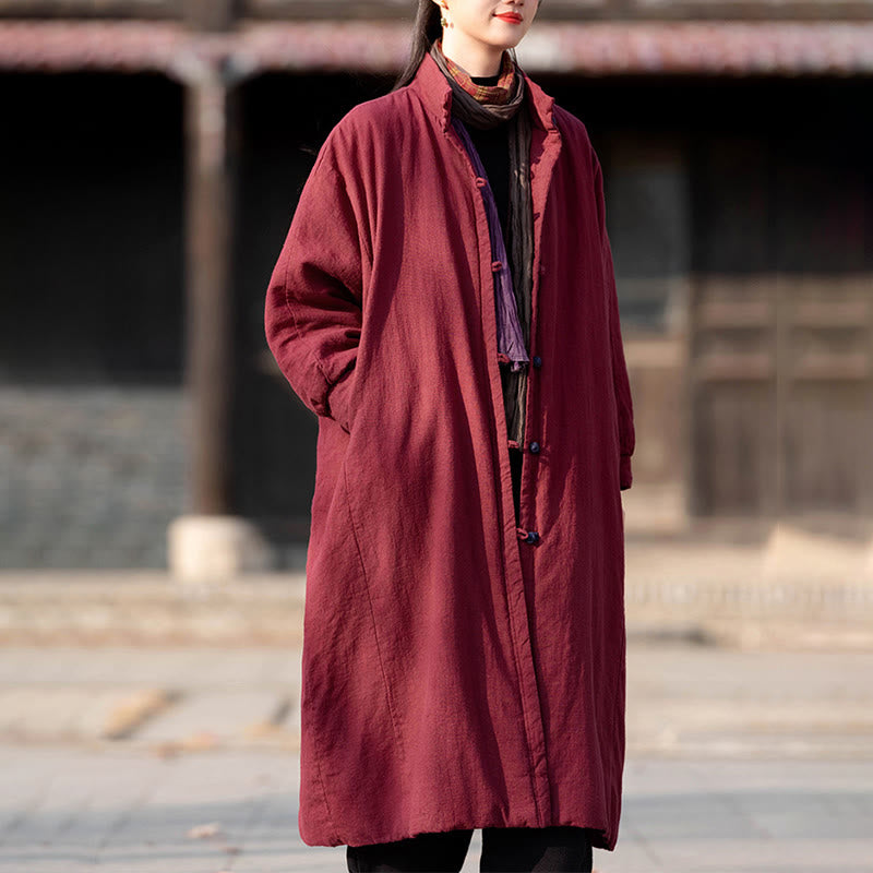 Ramie Cotton Stand Collar Frog-Button Winter Meditation Coat
