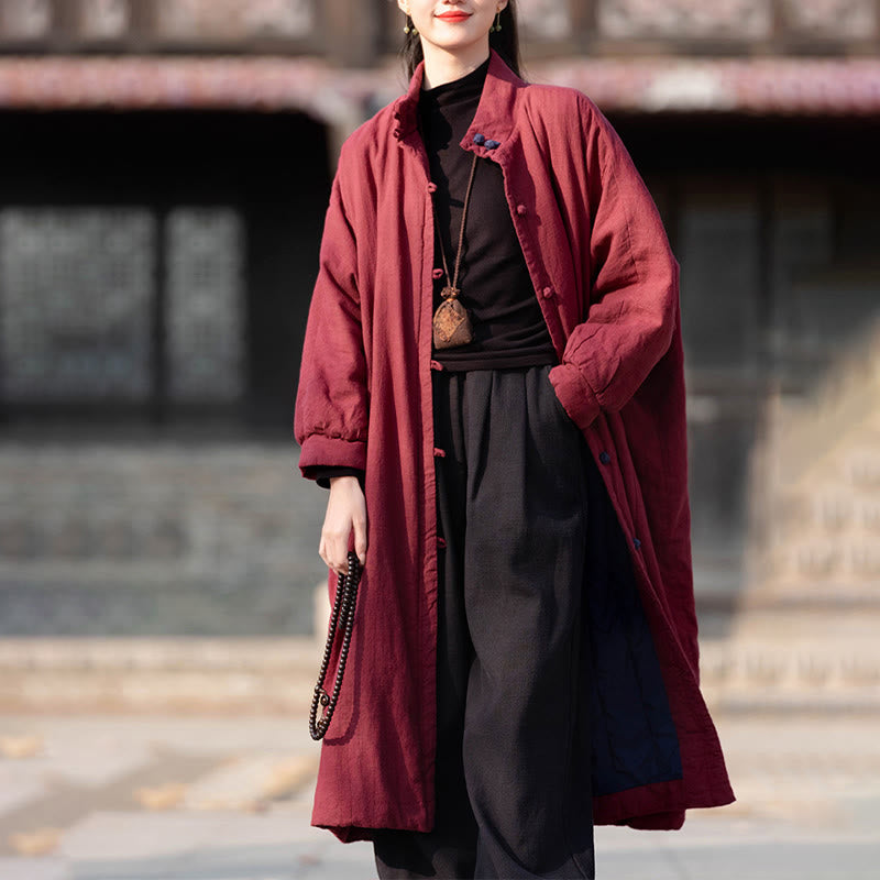 Ramie Cotton Stand Collar Frog-Button Winter Meditation Coat