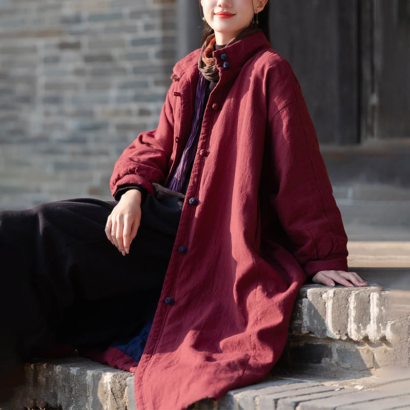 Ramie Cotton Stand Collar Frog-Button Winter Meditation Coat