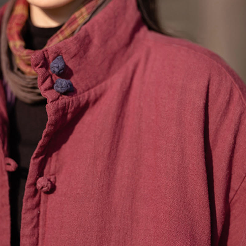 Ramie Cotton Stand Collar Frog-Button Winter Meditation Coat
