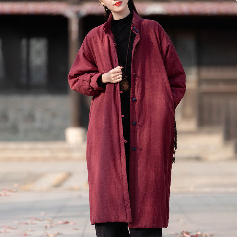 Ramie Cotton Stand Collar Frog-Button Winter Meditation Coat