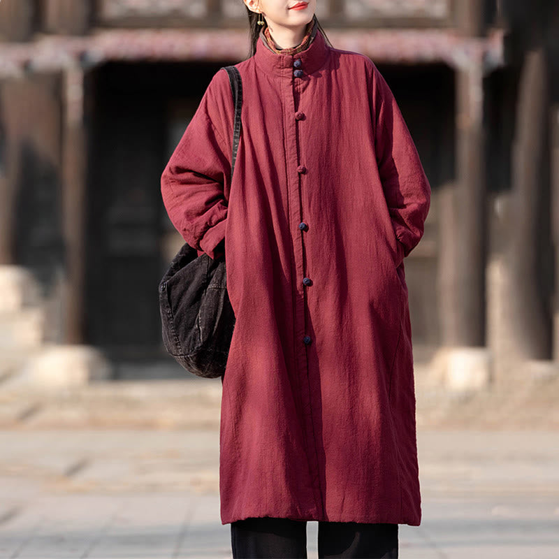 Ramie Cotton Stand Collar Frog-Button Winter Meditation Coat