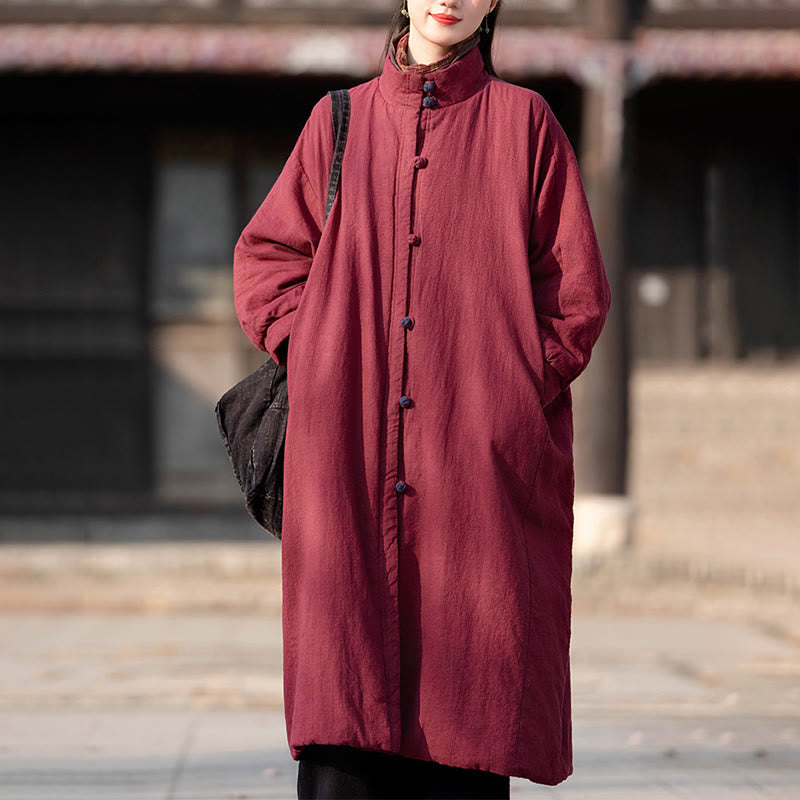 Ramie Cotton Stand Collar Frog-Button Winter Meditation Coat