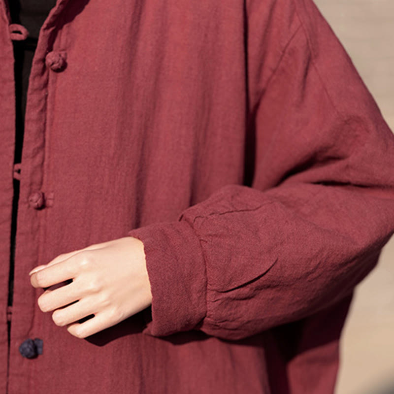 Ramie Cotton Stand Collar Frog-Button Winter Meditation Coat