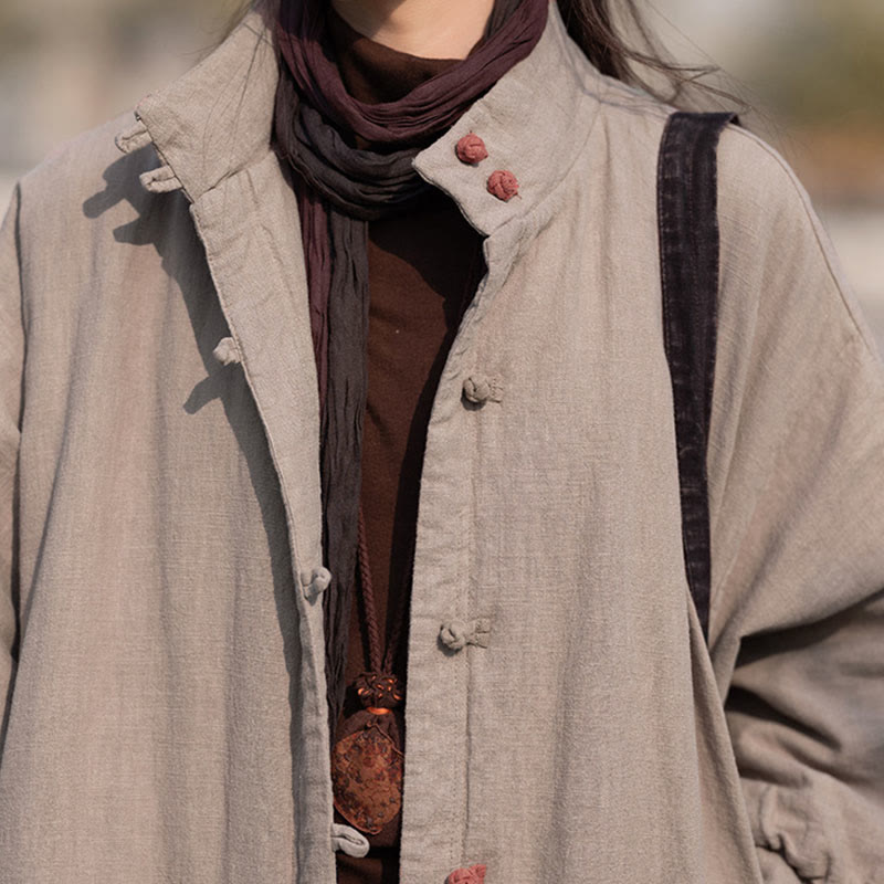 Ramie Cotton Stand Collar Frog-Button Winter Meditation Coat