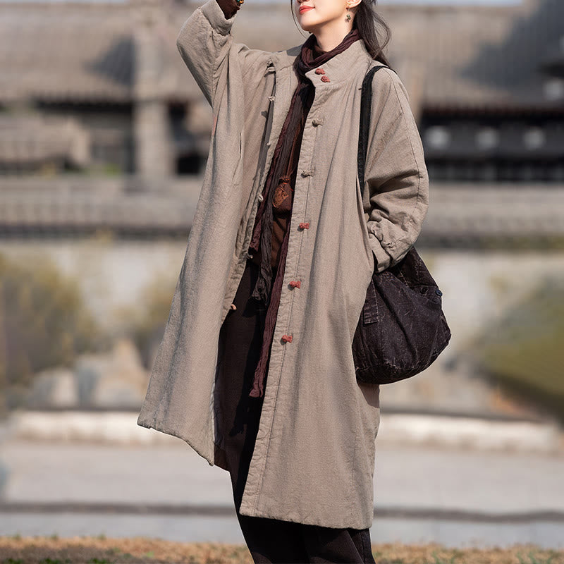 Ramie Cotton Stand Collar Frog-Button Winter Meditation Coat