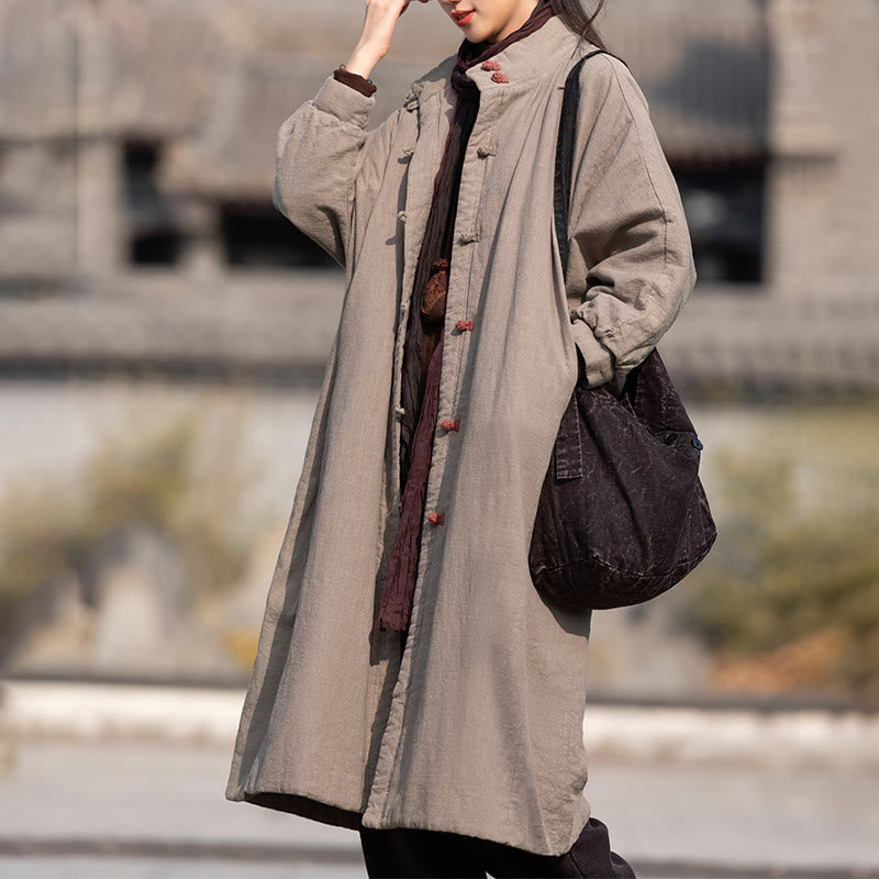 Ramie Cotton Stand Collar Frog-Button Winter Meditation Coat