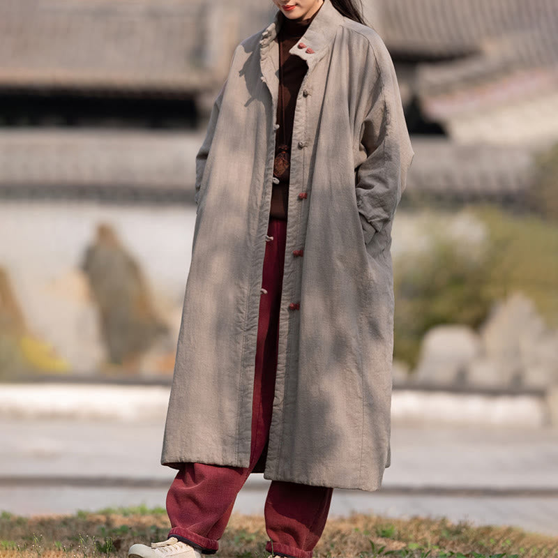 Ramie Cotton Stand Collar Frog-Button Winter Meditation Coat