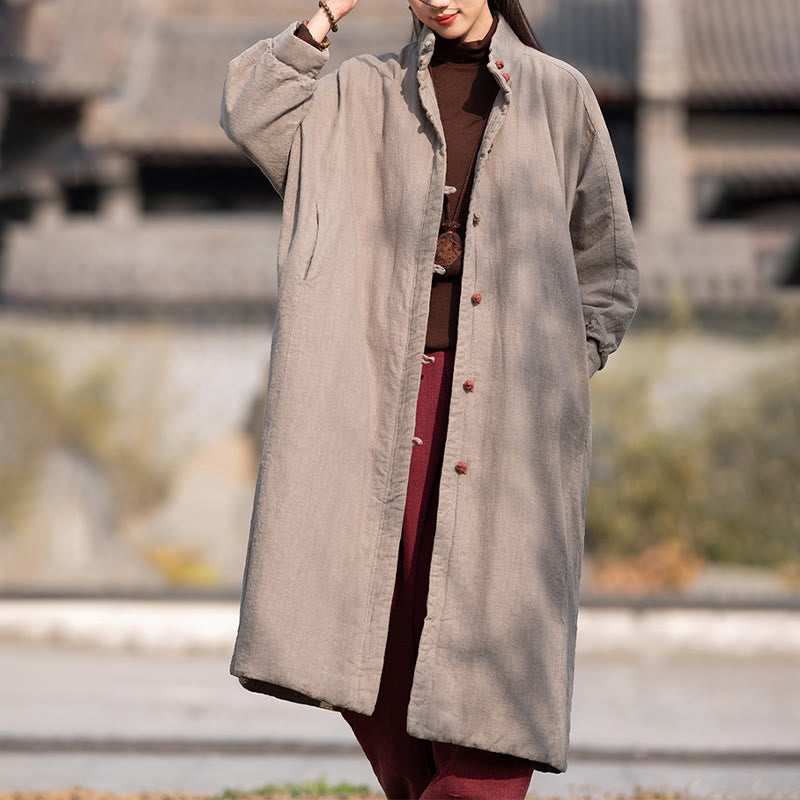 Ramie Cotton Stand Collar Frog-Button Winter Meditation Coat