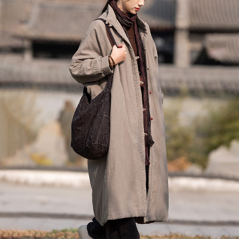 Ramie Cotton Stand Collar Frog-Button Winter Meditation Coat