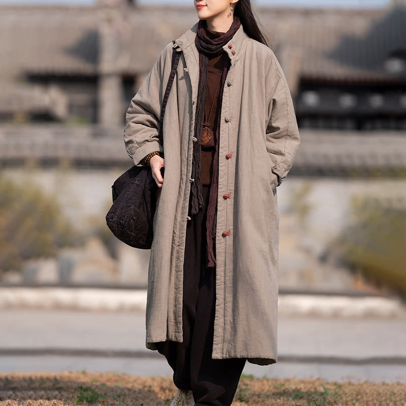 Ramie Cotton Stand Collar Frog-Button Winter Meditation Coat