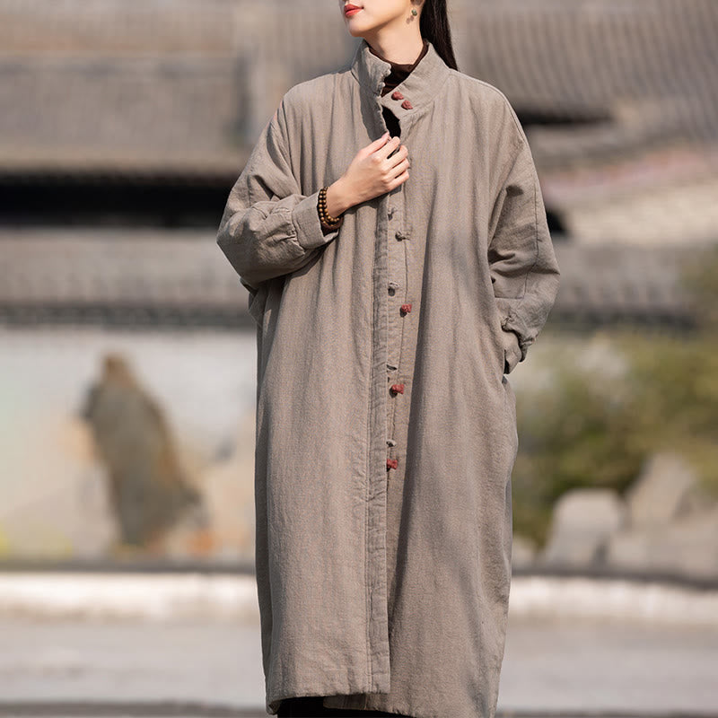 Ramie Cotton Stand Collar Frog-Button Winter Meditation Coat