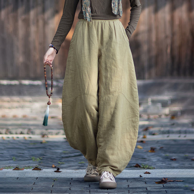 Winter Elastic Waist Ramie Cotton Thermal Women's Pants With Pockets