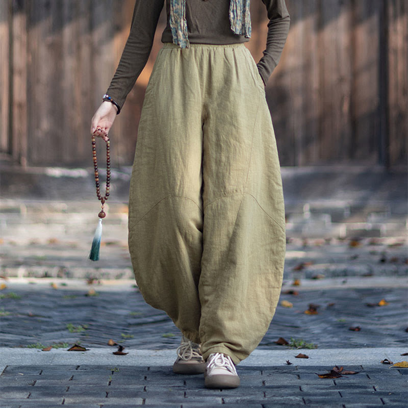 Winter Elastic Waist Ramie Cotton Thermal Women's Pants With Pockets