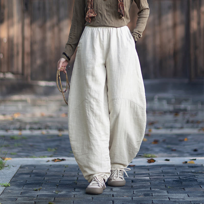 Winter Elastic Waist Ramie Cotton Thermal Women's Pants With Pockets
