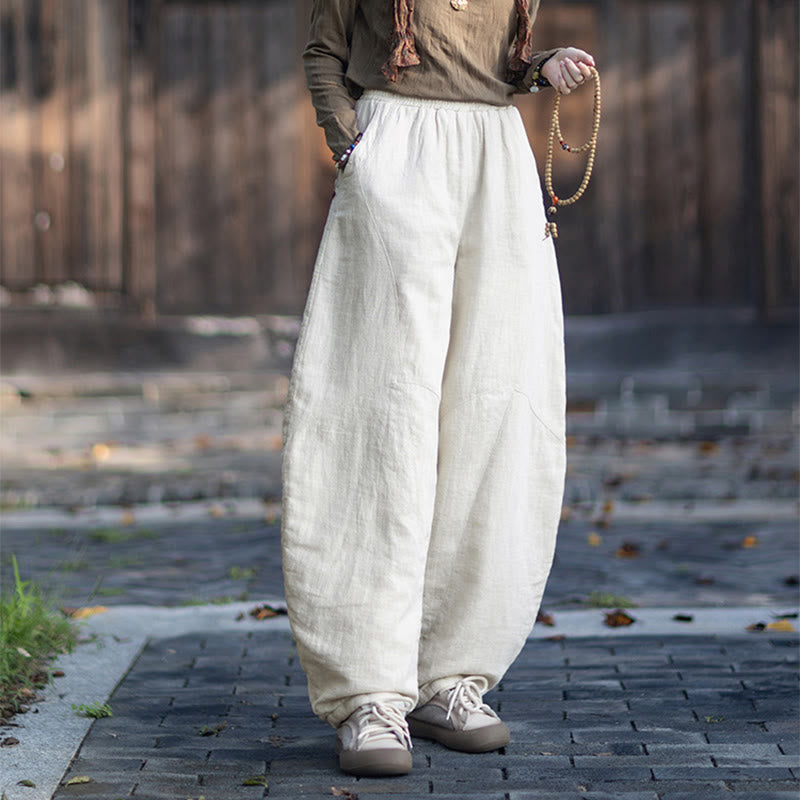 Winter Elastic Waist Ramie Cotton Thermal Women's Pants With Pockets