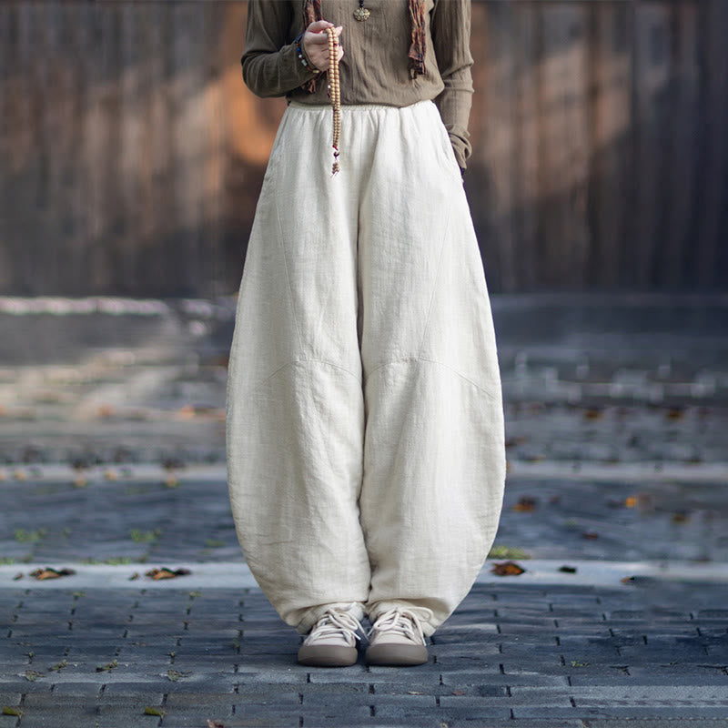 Winter Elastic Waist Ramie Cotton Thermal Women's Pants With Pockets