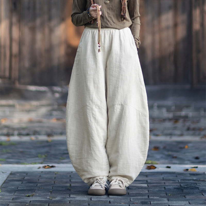 Winter Elastic Waist Ramie Cotton Thermal Women's Pants With Pockets