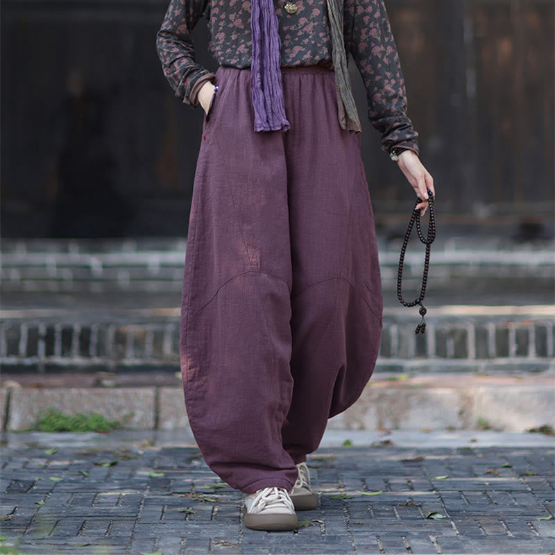 Winter Elastic Waist Ramie Cotton Thermal Women's Pants With Pockets