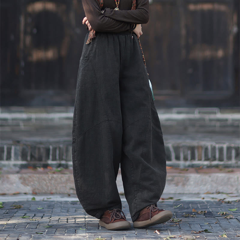 Winter Elastic Waist Ramie Cotton Thermal Women's Pants With Pockets