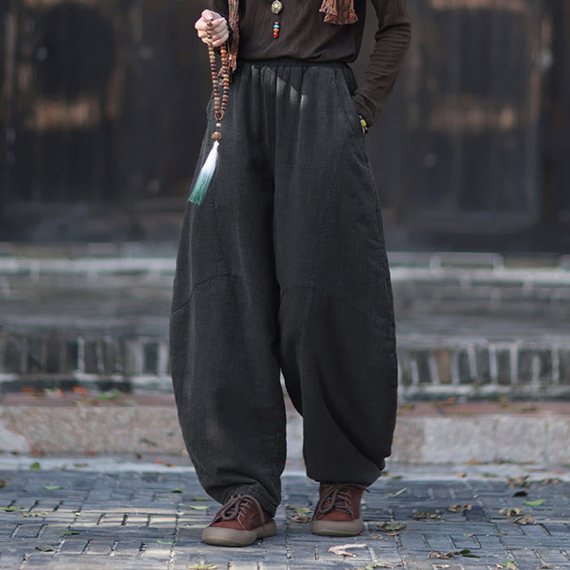 Winter Elastic Waist Ramie Cotton Thermal Women's Pants With Pockets
