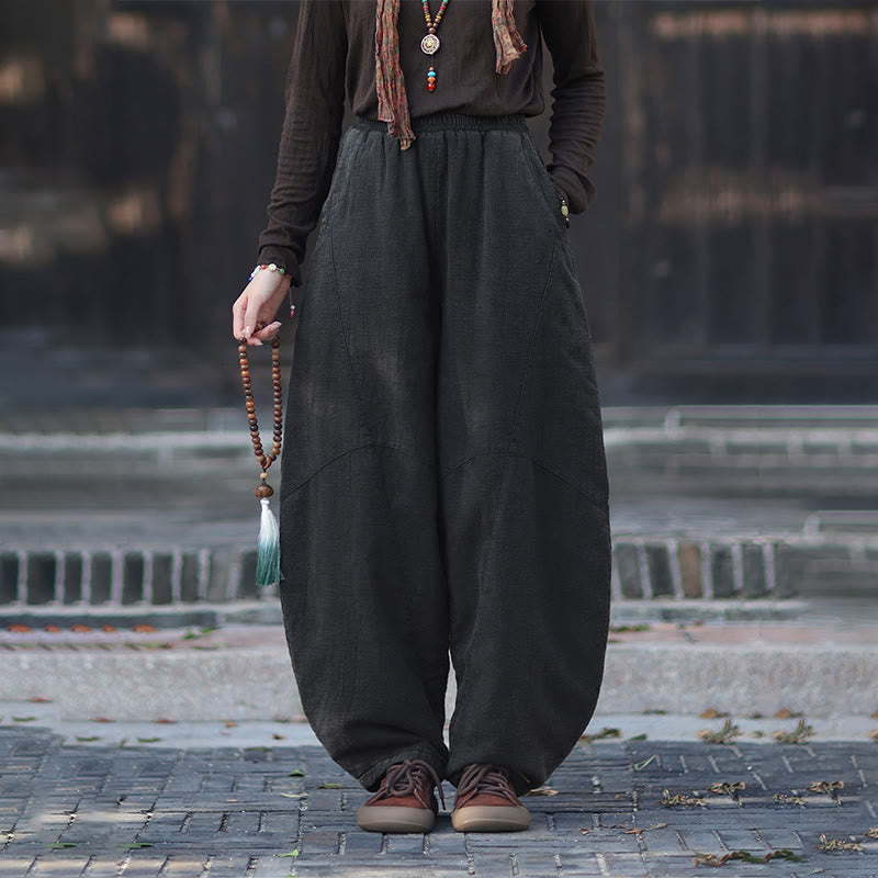 Winter Elastic Waist Ramie Cotton Thermal Women's Pants With Pockets