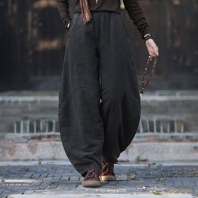 Winter Elastic Waist Ramie Cotton Thermal Women's Pants With Pockets