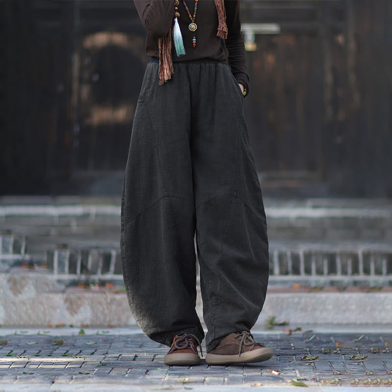 Winter Elastic Waist Ramie Cotton Thermal Women's Pants With Pockets