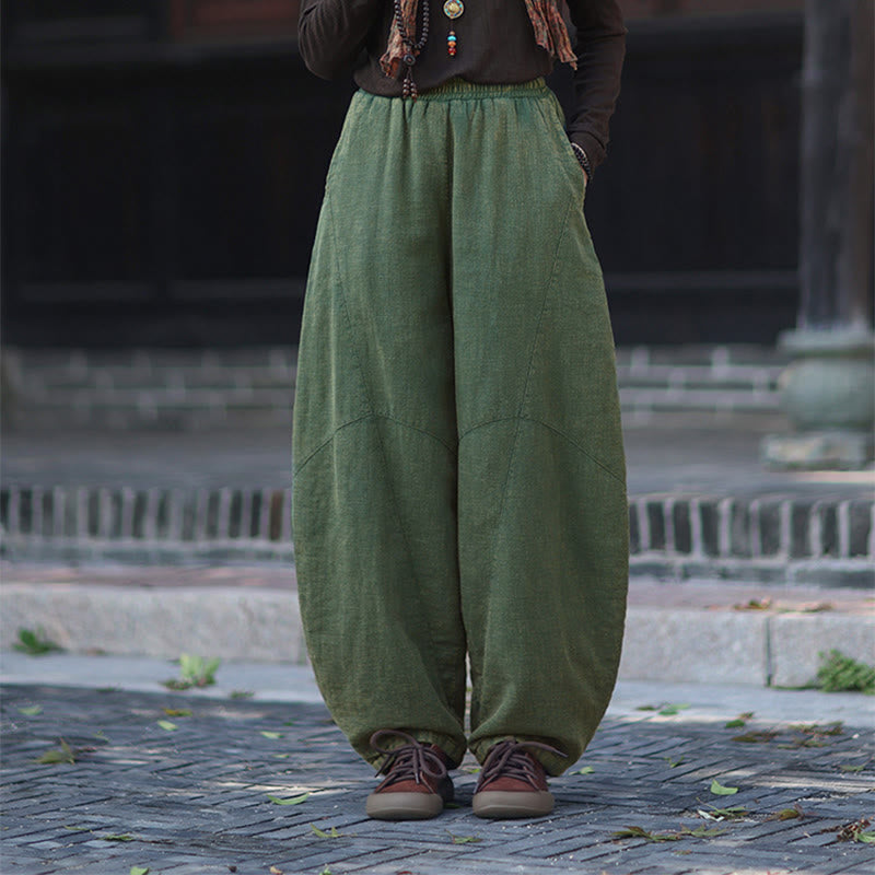 Winter Elastic Waist Ramie Cotton Thermal Women's Pants With Pockets