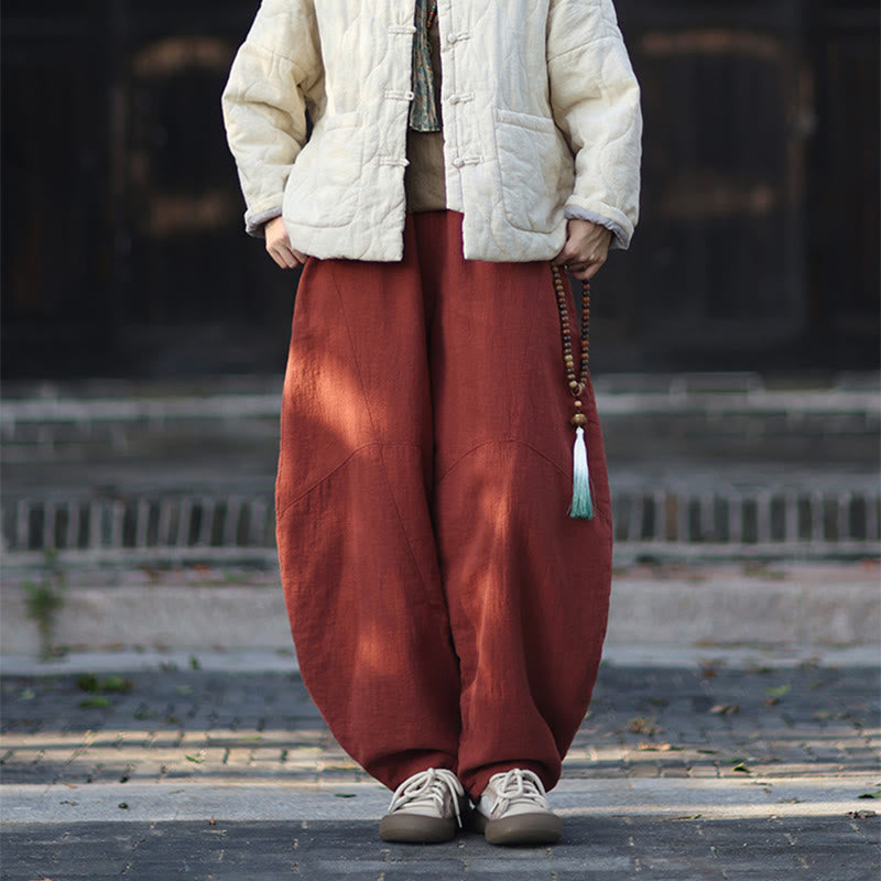 Winter Elastic Waist Ramie Cotton Thermal Women's Pants With Pockets