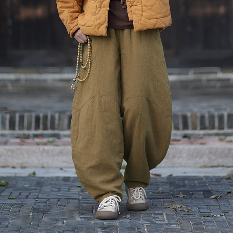 Winter Elastic Waist Ramie Cotton Thermal Women's Pants With Pockets