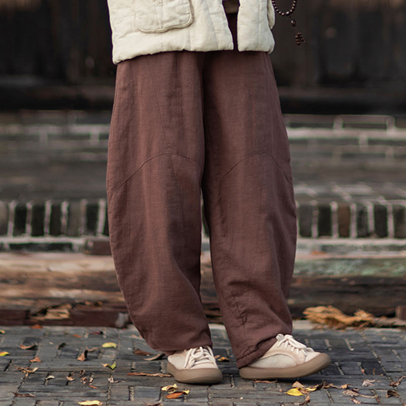 Winter Elastic Waist Ramie Cotton Thermal Women's Pants With Pockets