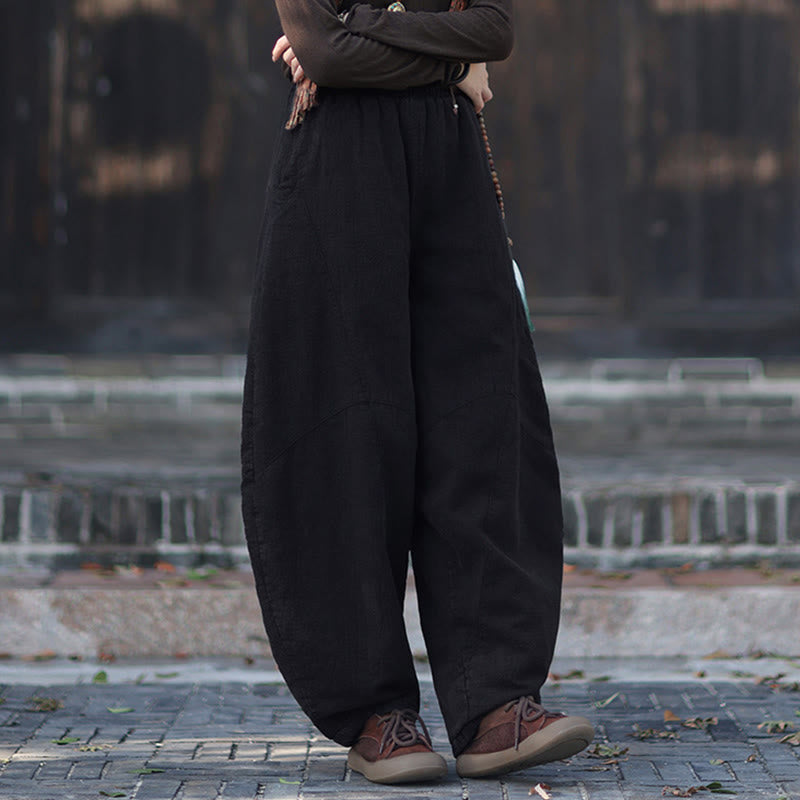 Winter Elastic Waist Ramie Cotton Thermal Women's Pants With Pockets